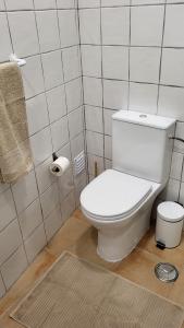 łazienka z białą toaletą i dywanem w obiekcie Cantinho de Milfontes Jacuzzi w mieście Vila Nova de Milfontes