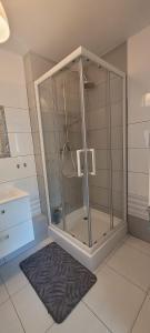 y baño con ducha de cristal y alfombra. en Apartament nad jeziorem, en Olsztyn