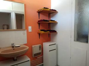 a bathroom with an orange wall with a sink and a mirror at Maison centre-ville calme avec jardin in Lons-le-Saunier