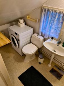 a small bathroom with a toilet and a sink at Arctic Circle Cabin in Överkalix