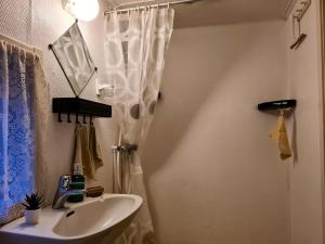 a bathroom with a white shower curtain and a sink at Arctic Circle Cabin in Överkalix