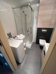 uma casa de banho com um chuveiro, um WC e um lavatório. em Apartament Katarzynki em Gdansk