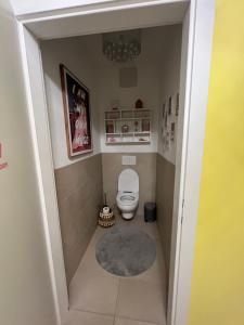 a small bathroom with a toilet and a rug at Der Salon Hostel in Vienna