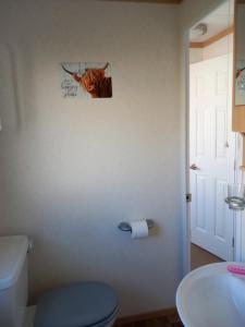 a bathroom with a toilet and a roll of toilet paper at Melody Brooks Caravan Park Caravan number 22 in Portknockie +8 photos