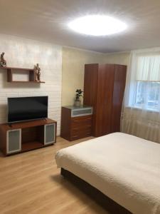 Schlafzimmer mit einem Bett und einem Flachbild-TV in der Unterkunft Квартира по вулиці Набережна in Wyschhorod