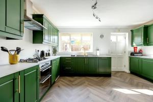 a green kitchen with green cabinets and a sink at Luxury 5 Bed house in the City, includes parking & EV point in Norwich