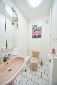 a bathroom with a pink toilet and a sink at L'Alsacien Zen in Mulhouse