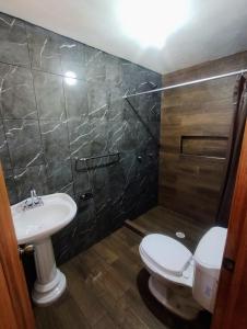 ein Bad mit einem WC, einem Waschbecken und einer Dusche in der Unterkunft Cabañas el Corral del Rayo Huasca in Huasca de Ocampo