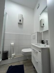 a white bathroom with a toilet and a sink at Gemütliche 2-Zimmer Wohnung - Zentral - Netflix in Wuppertal