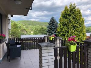 d'un balcon avec une clôture noire et quelques fleurs. dans l'établissement Apartmán s terasou a zahradou na cyklostezce, 