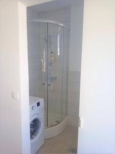 bagno con doccia e lavatrice. di Lovely flat, city center with free parking a Varaždin