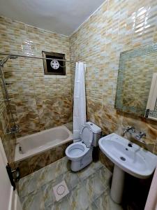 瓦迪穆薩的住宿－Petra Sunset Bed & Breakfast，浴室配有卫生间、浴缸和水槽。