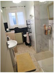 een kleine badkamer met een wastafel en een douche bij Maison chaleureuse in Casseneuil
