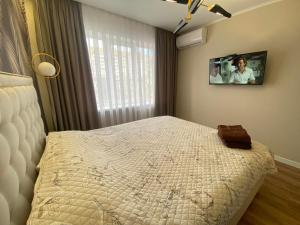 ein Schlafzimmer mit einem Bett und einem TV an der Wand in der Unterkunft Sweethome Riscani in Chişinău