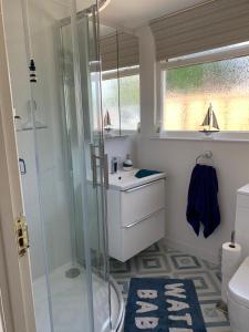 a bathroom with a shower and a sink and a toilet at Chalet 80 in Sandown
