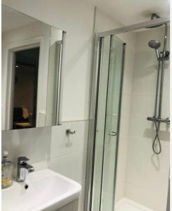 een badkamer met een douche, een wastafel en een spiegel bij Four bedroom bungalows with private parkings in Sidcup