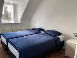 um quarto com duas almofadas azuis numa cama em Renovated apartment near nature em Birkerød