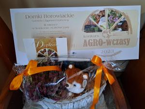 una caja de regalo con un osito de peluche en una cesta en Domek Borowiacki nad jeziorem, en Bysław
