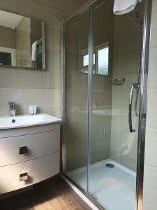 a bathroom with a shower and a sink at The Baytree Restaurant & Guesthouse in Carlingford