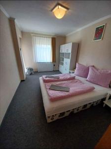 バラトンボグラールにあるApartment in Balatonboglar/Balaton 18180のベッドルーム1室(ピンクのシーツが備わる大型ベッド1台付)