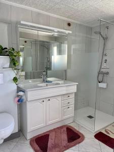 een badkamer met een wastafel, een toilet en een spiegel bij Villa Bleu soleil in Pornic