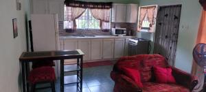 a living room with a red chair and a kitchen at Apartment Joanna in Rodney Bay Village