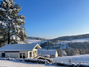 圣维特Chalet Panor'Anna的雪中白房子,有树