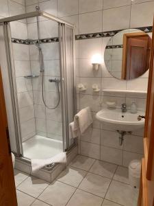 W łazience znajduje się prysznic i umywalka. w obiekcie Landhaus Schneeberg w mieście Mosbach