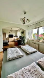 Duas camas num quarto com uma sala de estar em Agroturystyka Pod Modrzewiem - Babia Góra em Zubrzyca Górna