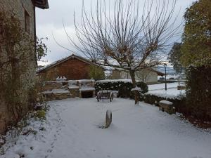 a yard covered in snow with a bench and a tree at Casa Rural TTIPIAENEA Landetxea in Ariz