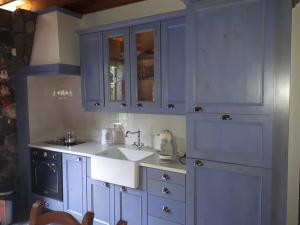 Ribeira das Tainhas的住宿－Quinta do Avô，厨房配有蓝色橱柜和水槽
