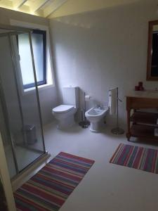 baño con 2 aseos, lavamanos y ventana en Quinta do Avô, en Ribeira das Tainhas