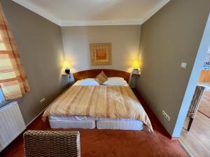 1 dormitorio con 1 cama grande y 2 lámparas en Luxus Golf Apartment, en Bük