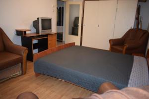 a bedroom with a bed and a tv and two chairs at Apartament Modest Traian RHBM in Baia Mare