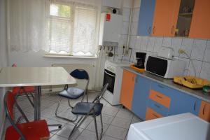 una pequeña cocina con mesa y sillas. en Apartament Modest Traian RHBM, en Baia Mare