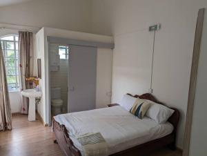 a bedroom with a bed and a bathroom with a sink at Villa Coco - Flic en Flac in Flic-en-Flac