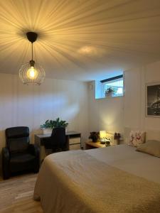 um quarto com uma cama, uma cadeira e uma janela em Spacious private room in a Vegan household em Gotemburgo