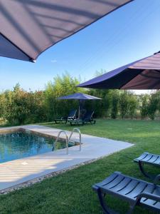 einen Pool mit zwei Picknicktischen und einem Sonnenschirm in der Unterkunft Quintinha Silvestre in Tondela