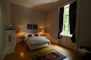 a bedroom with a bed and a large window at Schloss Langenzell, Grafensuite in Wiesenbach