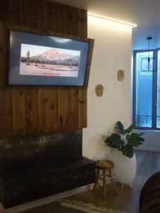 a living room with a flat screen tv above a fireplace at Cœur de vie « La bulle » in Bagnères-de-Bigorre