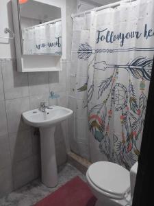 a bathroom with a sink and a toilet and a shower curtain at Tem Kotenkesh Depto Telenken x 2 pax in El Calafate
