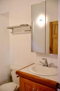 a bathroom with a sink and a mirror and a toilet at Blue Whale Villa - Penthouse in Calibishie