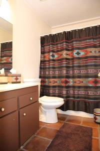 a bathroom with a toilet and a shower curtain at Cozy Adobe in Pahrump