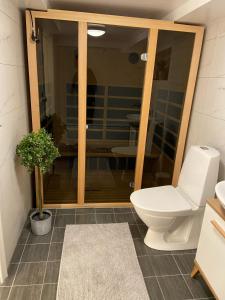 ein Badezimmer mit einem WC und einer Glastür in der Unterkunft Vanni´s Bed & breakfast in Malmö