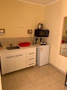 a kitchen with a sink and a microwave and a refrigerator at APART PIEDRAS,Cochera,Desayuno seco 3 5 3 5 6 3 4 5 1 4 in Villa María