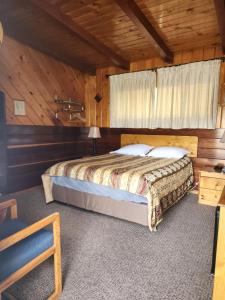 una camera da letto con letto in una camera in legno di Toiyabe Motel a Walker