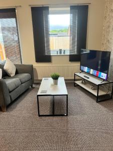 a living room with a couch and a flat screen tv at Pinecone Cottage in Frodingham