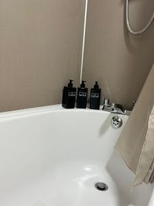 a white bathroom sink with two bottles on top of it at Pinecone Cottage in Frodingham