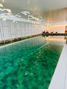 a swimming pool with green water and white tiles at La Carolina - Studio de lujo in Quito