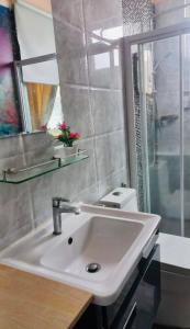 a bathroom with a white sink and a mirror at ABC Hostel in Seri Kembangan